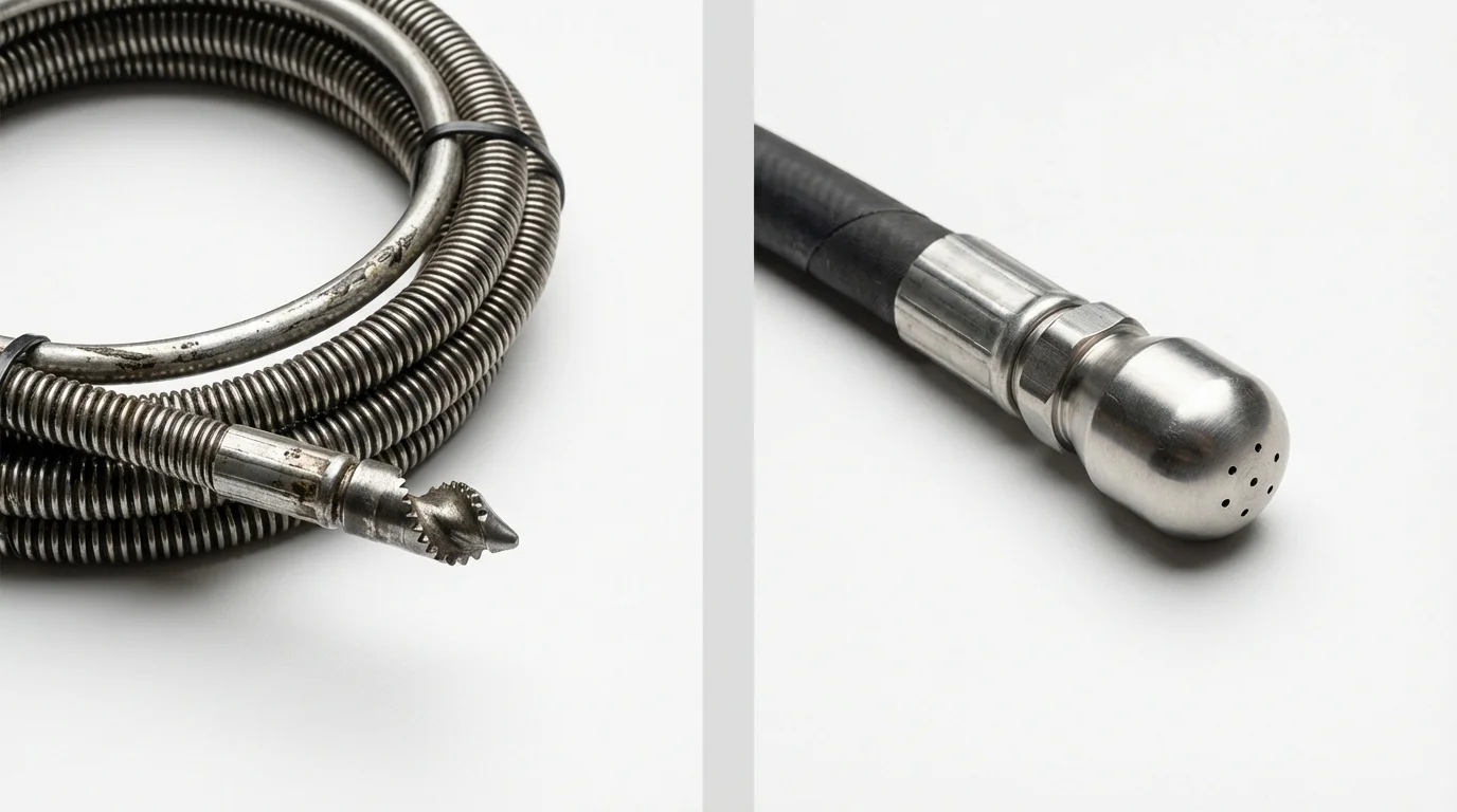 Drain snake cable and hydro jetting nozzle used for drain cleaning in Hopewell, NJ