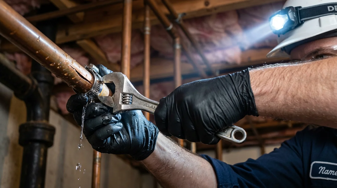 Emergency pipe clamp repair being performed by a Johns Plumbing LLC plumber in Hopewell