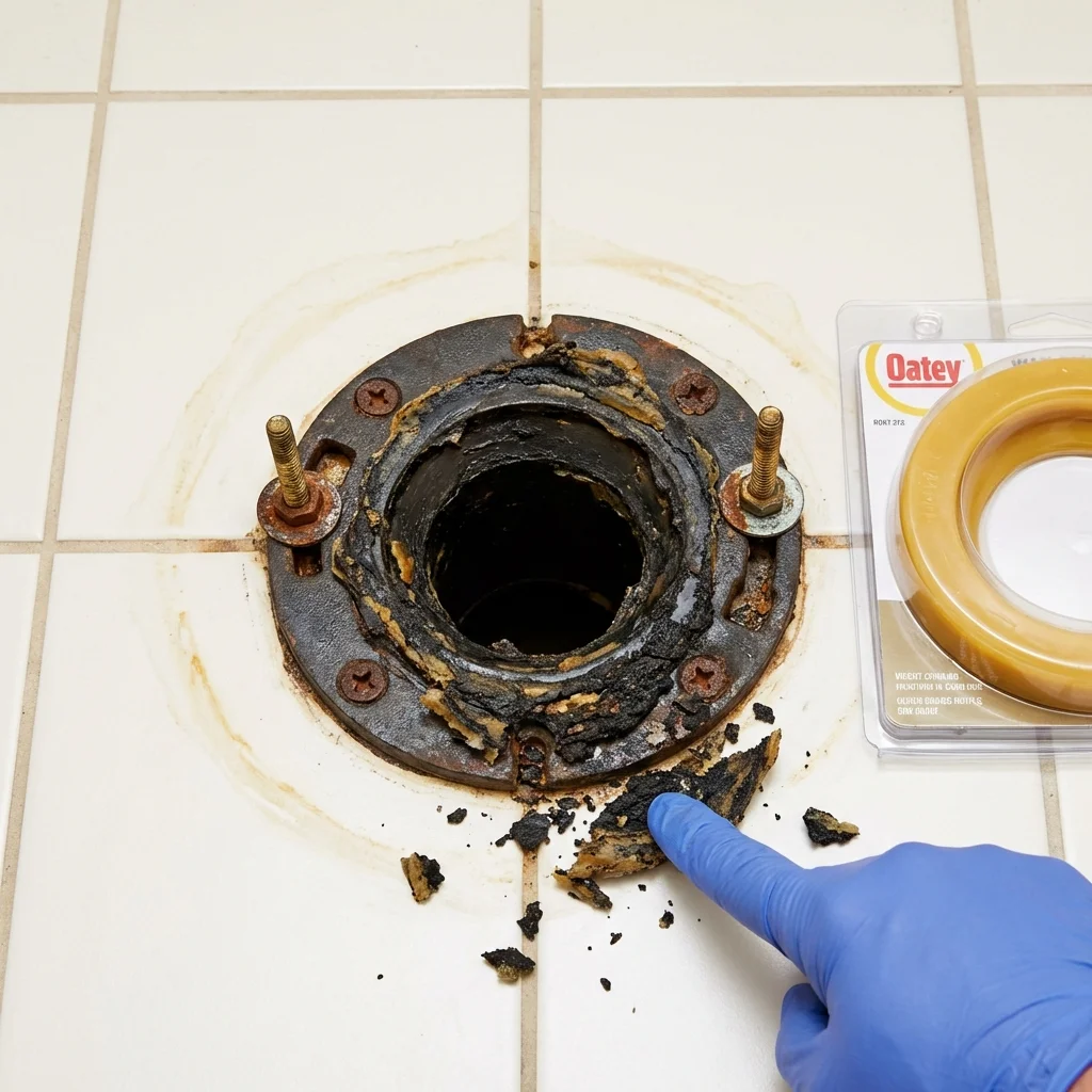 Failed wax ring showing water seepage at the base of a toilet in a Hopewell, NJ home