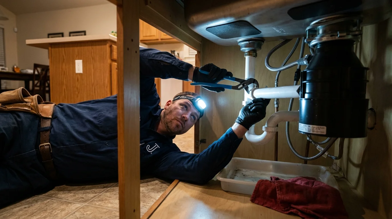 P-trap and supply line connections under a kitchen sink showing a common leak point in Hopewell, NJ